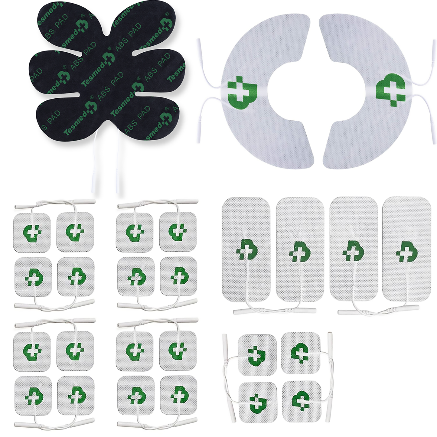 TESMED Top-Ausrüstung: Set mit 27 Elektroden (20 Elektroden 50x50mm + 4 Elektroden 50x100mm + 1 Tesmed ABS Pad + 2 Tesmed Knee), Kompatibel mit Allen Marken von Elektrostimulationsgeräten mit 2-mm-Steckverbindern